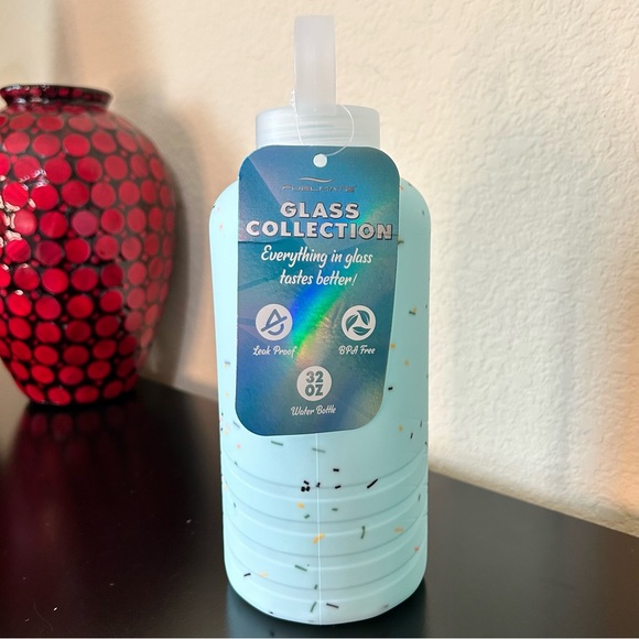 Other - 32 oz Glass Water Bottle with Blue Confetti Silicon Sleeve